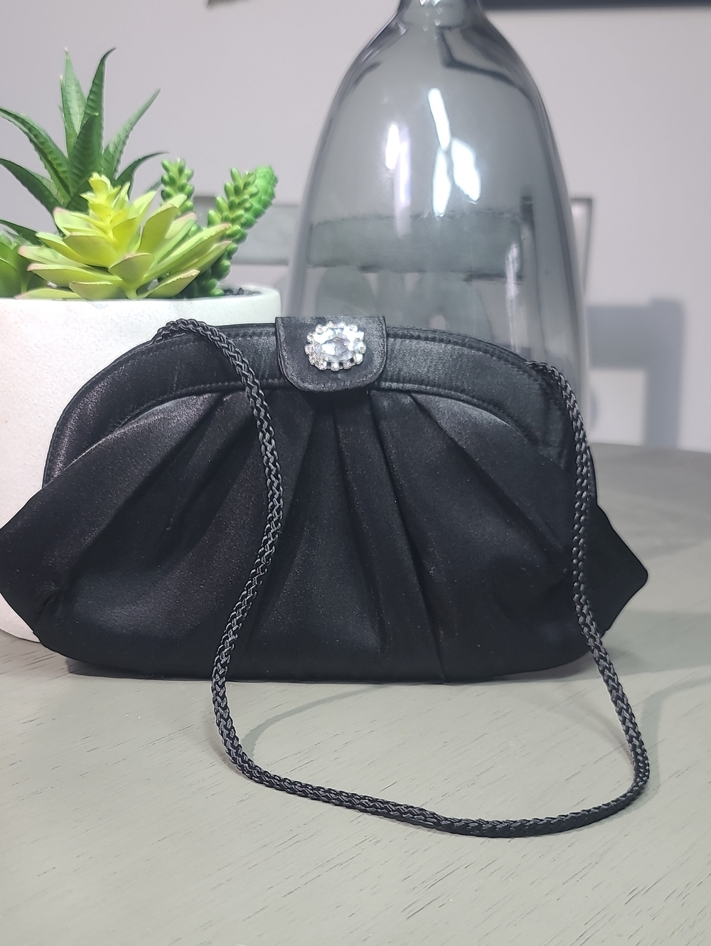 Style&Co Elegant Black Satin  Evening Clutch with Rhinestone Accent